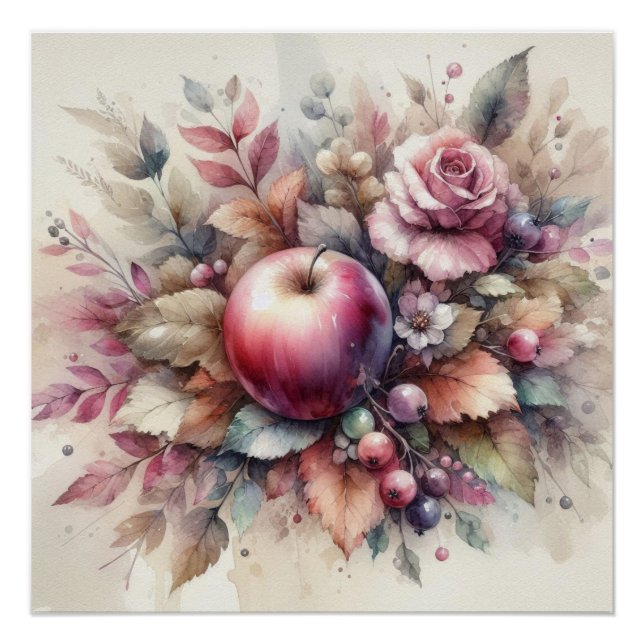 Pôster Maçãs em queda de cores pastosas pintura a aquarel (Frente)
