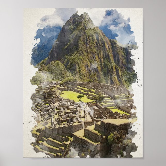 Poster Machu Picchu Peru Watercolor Art Convite (Frente)