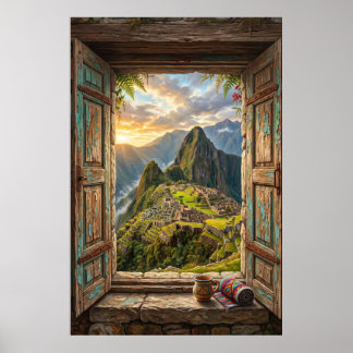 Poster Machu Picchu Sunrise Faux Window Peru Andean Ruins