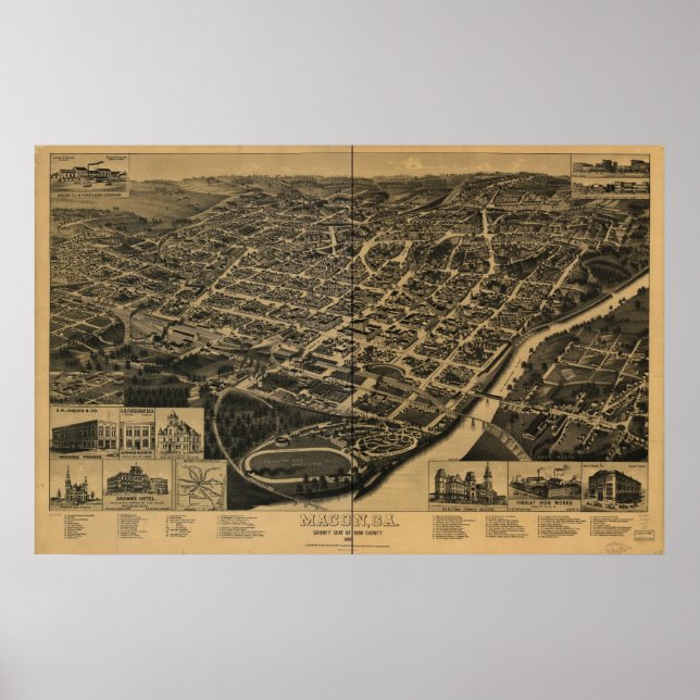 Pôster Macon 1887, GA Birds Eye Ver Mapa Panorâmico (Frente)