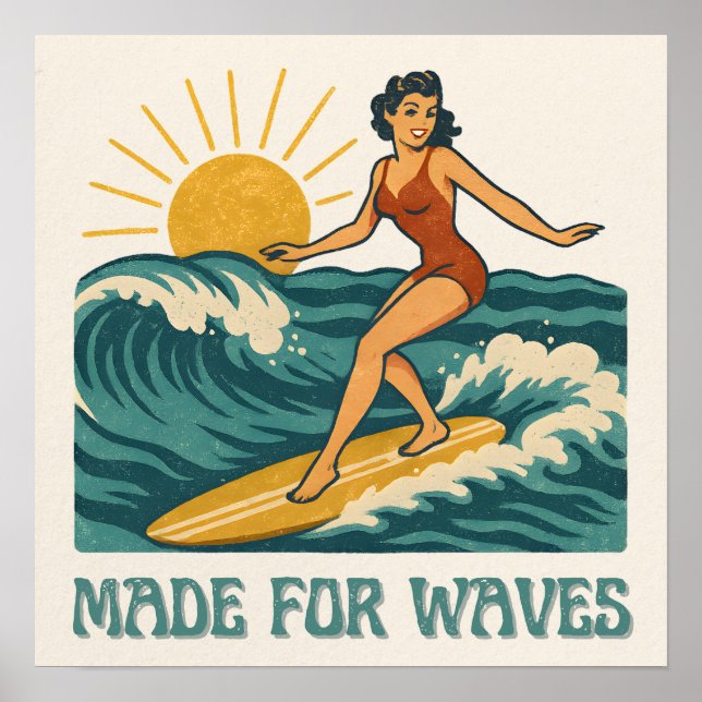 Poster Made For Waves Surfer - Retro Surfing Pin-Up Art (Frente)