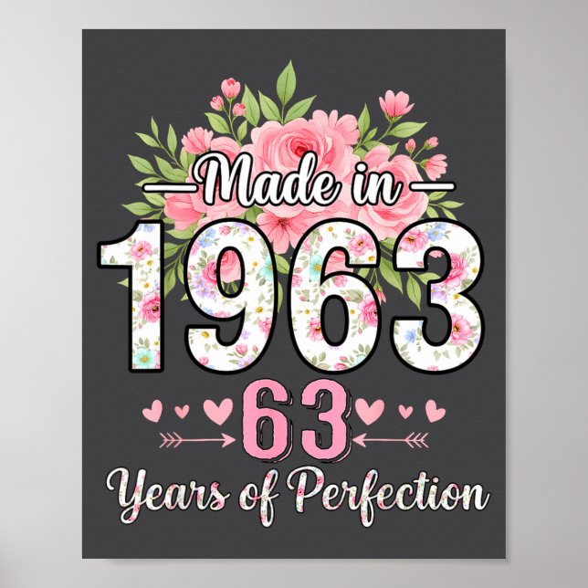 Poster Made In 1963 Floral 63rd Birthday Women 63 Years O (Frente)