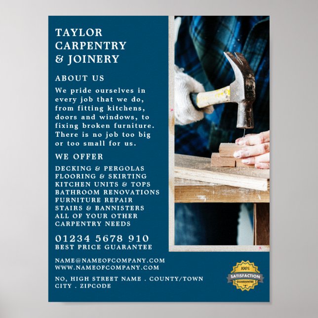 Poster Madeira e martelo, carpintaria, propaganda carpint (Frente)