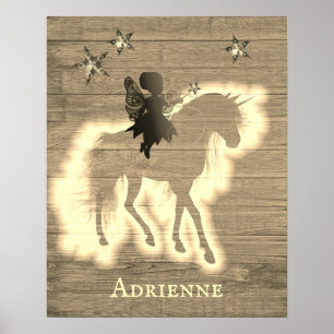 Poster Madeira Faux Personalizada Rustic Unicorn