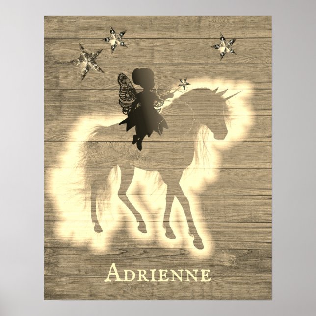 Poster Madeira Faux Personalizada Rustic Unicorn (Frente)