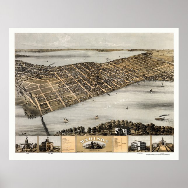 Pôster Madison, Mapa Panorâmico do WI - 1867 (Frente)