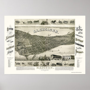 Pôster Madison, mapa panorâmico dos WI - 1885