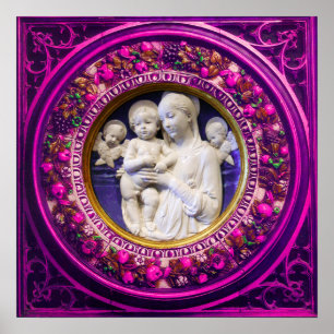 PÔSTER MADONNA COM CRIANÇA, COROA FLORAL DO RENASCIMENTO