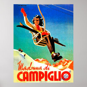 Poster Madonna di Campiglio, mulher no teleférico, colhe