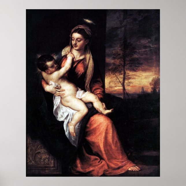 Poster Madonna e Criança Em Uma Paisagem À Noite - Titian (Frente)