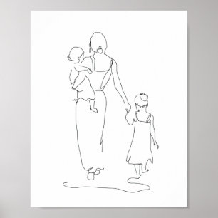 Poster Madre e Filhos de Arte em Linha, Ilustração Famili