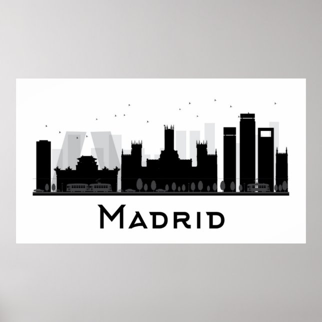 Poster Madrid, Espanha | Black & White City Skyline (Frente)