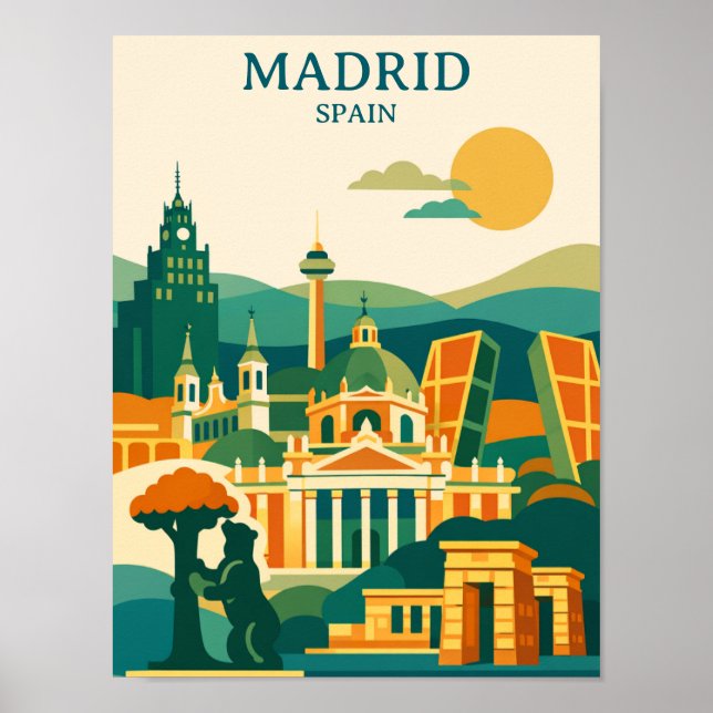 Poster Madrid Espanha Cidade Skyline - Cidade Retro Minim (Frente)