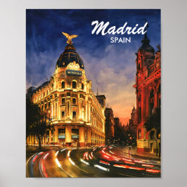 Poster Madrid Spain Gran Via Night Watercolor Cityscape