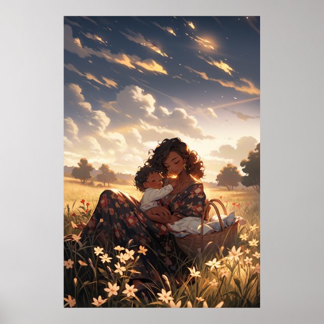 Poster Mãe de anime num campo matinal - Ultra alto (Frente)