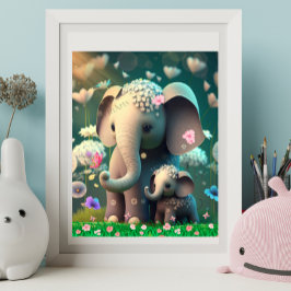 Poster Mãe de Elefante Fofa e Jardim de Flores do Bebê Ar
