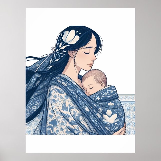Poster Mãe e Bebê – Abraço Floral Azul Arte (Frente)