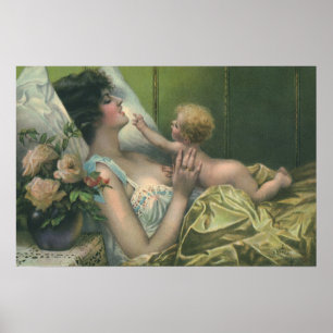 Pôster Mãe e bebê do vintage que jogam na cama