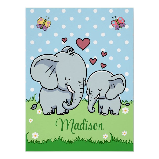 Pôster Mãe e Bebê Elefante Fofos, Personalizado (Frente)