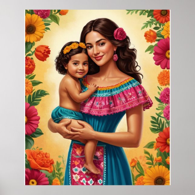 Poster Mãe e Criança no Vestido Mexicano Tradicional (Frente)