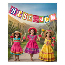 Mãe e Criança no Vestido Mexicano Tradicional