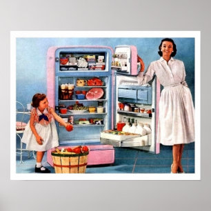 Poster Mãe e filha ao lado do refrigerador e das maçãs
