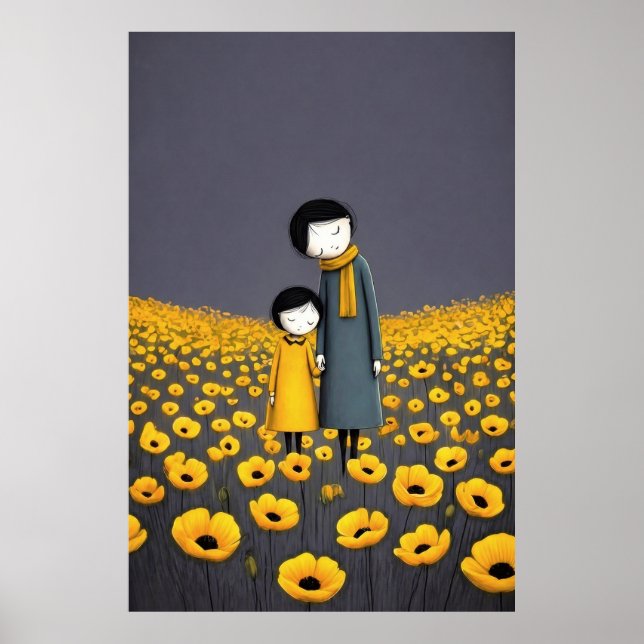 Poster Mãe e Filho de Mãos Dadas numa Flor Dourada (Frente)