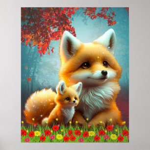 Poster Mãe e Filhote de Raposa Laranja Fofa Arte Berçário