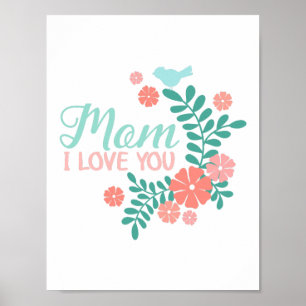 Poster Mãe eu te amo texto, flores cor-de-rosa, pássaros 