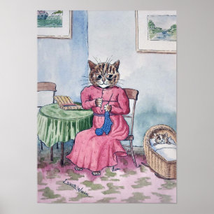 Poster Mãe Fazendo Tricô com Gatinho no Berço, Louis Wain