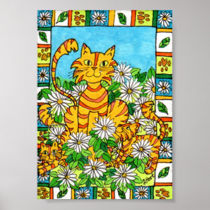 Pôster Mãe Gato e Gatinhos em Daisy Patch Mini Arte Folc