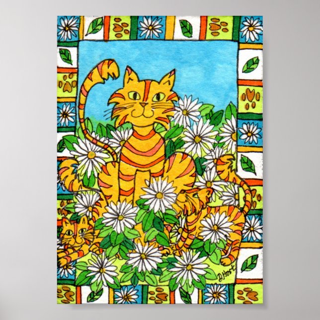 Pôster Mãe Gato e Gatinhos em Daisy Patch Mini Arte Folcl (Frente)