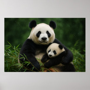 Poster Mãe Panda e Filhote na Chuva Suave