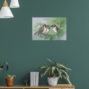Poster Mãe Pardal Aquarela Alimentando os Filhotes