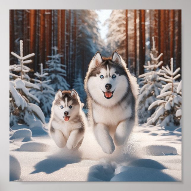 Poster Mãe Siberiana Husky e seu filhote (Frente)