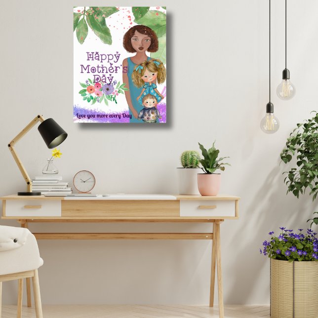 Poster Mãe Whimsic com filhos | Dia das Mães (Whimsical Mother with kids  Mother's Day Poster)