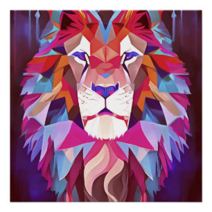 Pôster Magenta Geométrica Lion Abstrato Art