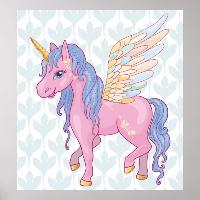 Pôster Magic Cute Unicorn com ilustração das asas arco-ír (Frente)