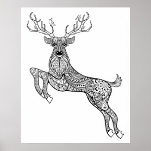 Pôster Magic Horned Deer With Birds Doodle 2
