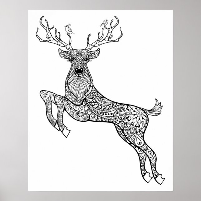 Pôster Magic Horned Deer With Birds Doodle 2 (Frente)