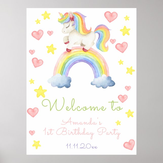 Poster Magic Unicorn Primeiro Aniversário Bem-vindo (Frente)