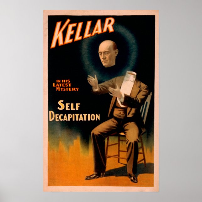 Poster Mágica de autodecapitação do desempenho do Kellar (Frente)