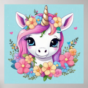 Poster Magical Baby Unicorn with Flowers