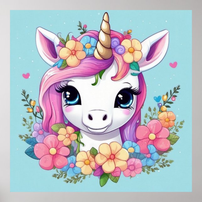 Poster Magical Baby Unicorn with Flowers (Frente)