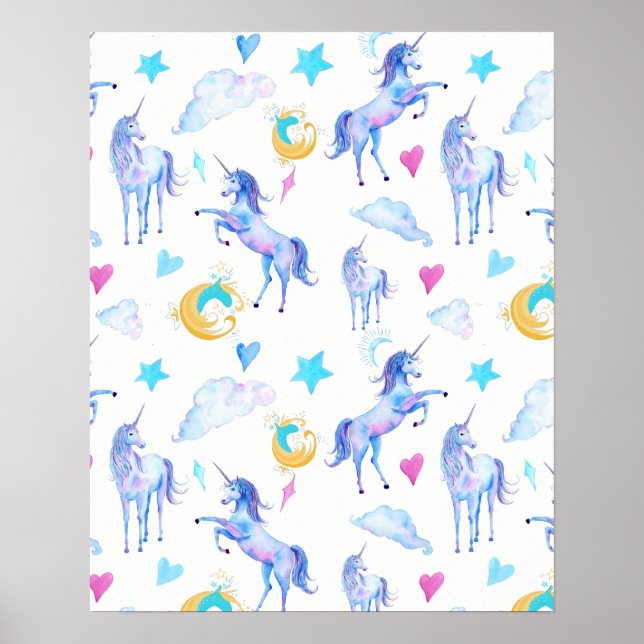 Pôster Magical Unicorn Pattern Watercolor Design (Frente)
