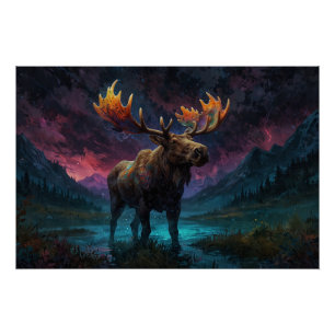 Pôster Mágico Jasper Moose e Montanhas Rochosas