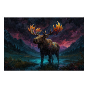 Pôster Mágico Jasper Moose e Montanhas Rochosas