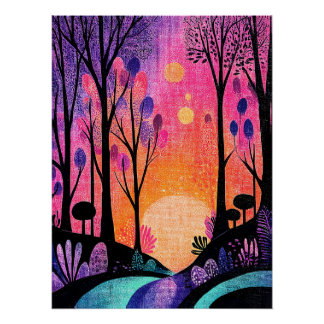 Pôster Magische Waldlandschaft in Pink und Violett