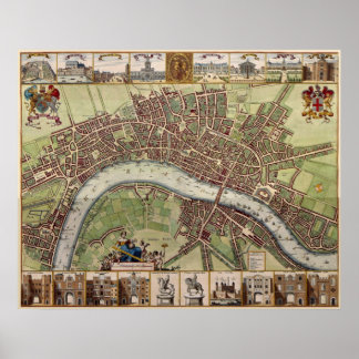 Poster Magnífico mapa do século XVII de Londres, Inglater