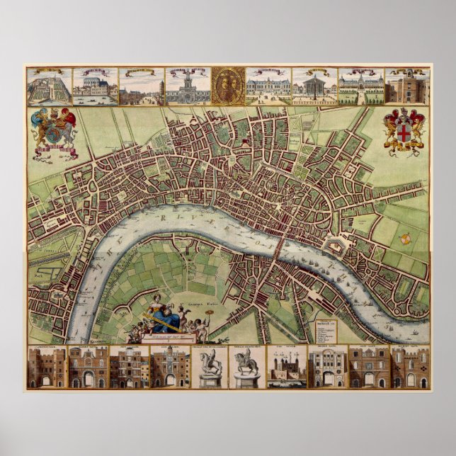 Poster Magnífico mapa do século XVII de Londres, Inglater (Frente)